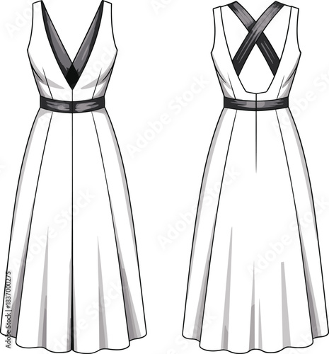 Elegant sleeveless V-neck dress with contrasting waistband and crossed back straps, flowing midi skirt fashion flat sketch for apparel design