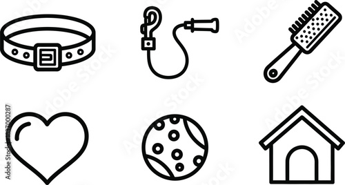 Set of stylized icons representing pet care essentials collar, leash, brush, heart, ball, and house