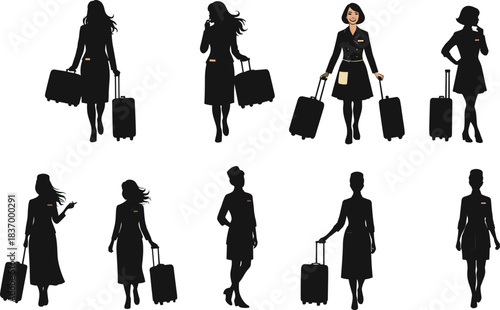 Flight attendant silhouettes and illustrations in uniform, walking with luggage, travel posture, airline staff gesture and attire set
