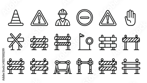 Construction and Safety Icons A Collection of Warning, Barrier, and Traffic Symbols