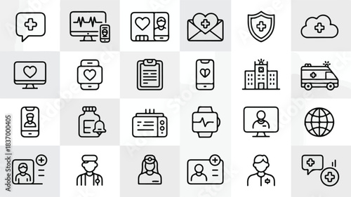 Collection of medical and healthcare icons, including hospital, ambulance, doctor, patient, and technology