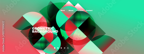 Abstract geometric background. Vibrant colors blend, creating dynamic visual effect. Navigation menu present at top. Modern design elements visible.