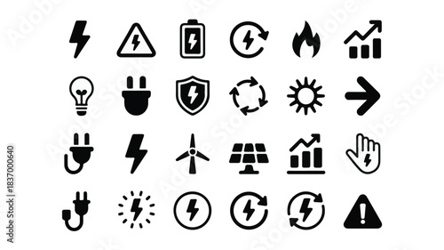 A set of 30 black and white line art icons representing energy, power, electricity, and sustainability