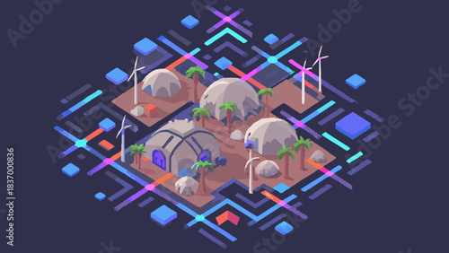 Isometric illustration of a futuristic desert landscape with wind turbines and dome shaped structures