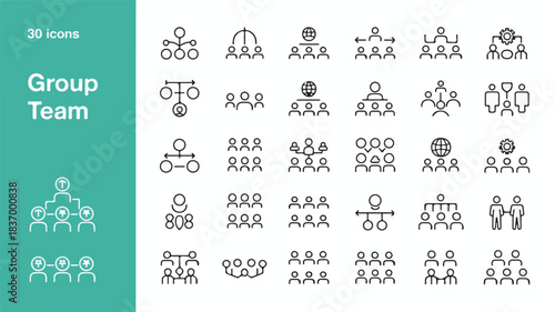 A collection of 30 minimalist line art icons representing group dynamics, teamwork, and organizational structures
