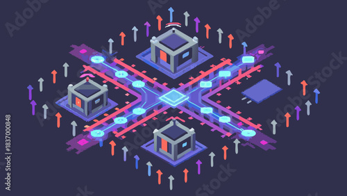 Isometric view of a network with central hub, connected servers, and data flow indicated by arrows
