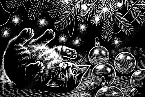 playful kitten rolls around shiny Christmas ornaments near a glowing Christmas tree, adding fun and energy to the holiday setting
