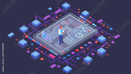 Isometric illustration showing a man standing on a large tablet with a network of cubes around it