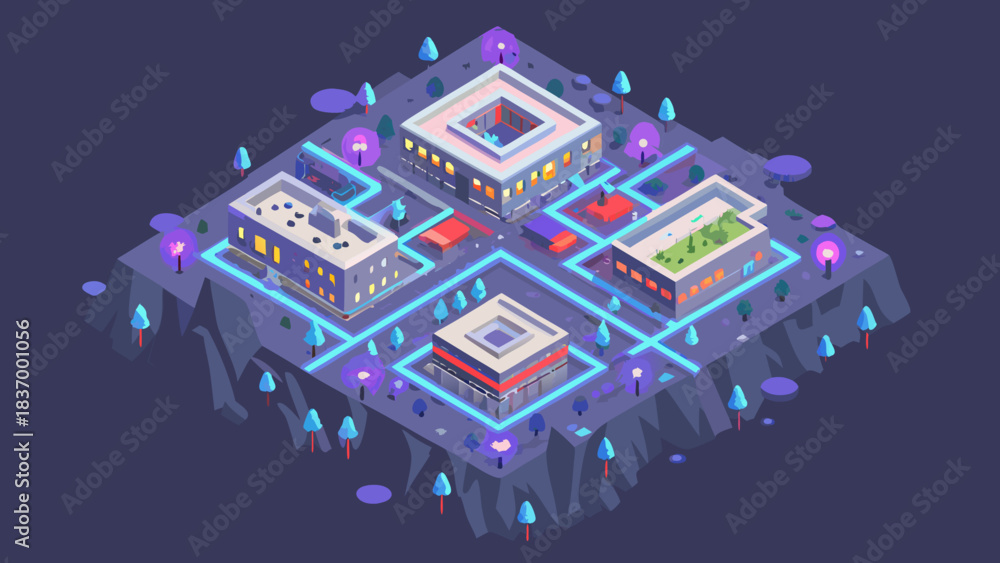 Obraz premium Isometric view of a futuristic city with glowing roads and buildings on a dark purple background scene