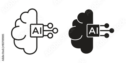 AI brain icons in black glyph and liner versions for design.