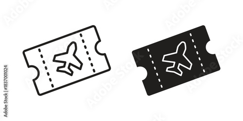 Airline ticket icons in black glyph and liner versions for design.