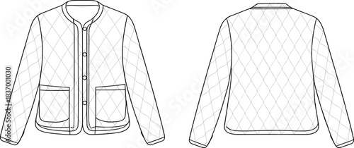 Quilted jacket technical fashion flat sketch, front and back view padded outerwear design, detailed stitching lines, vector apparel CAD illustration