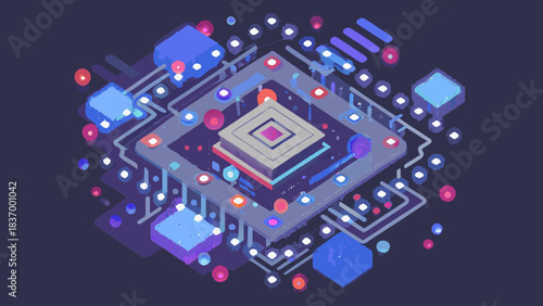 Isometric illustration of a central processor unit with glowing lights and connected components around it