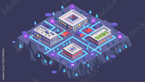 Isometric view of a futuristic city with glowing roads and buildings on a dark purple background scene