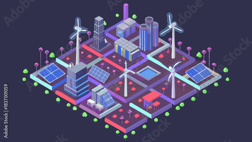 Isometric view of a futuristic city with wind turbines and solar panels showcasing sustainable energy and technology