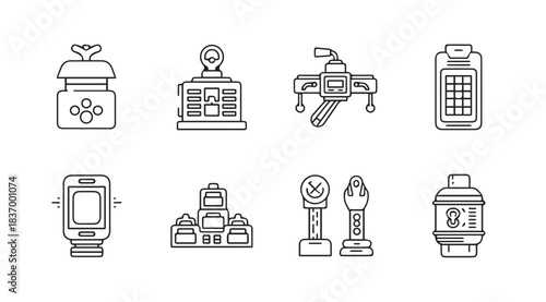Collection of outline icons representing various measurement tools and devices in a linear style vector
