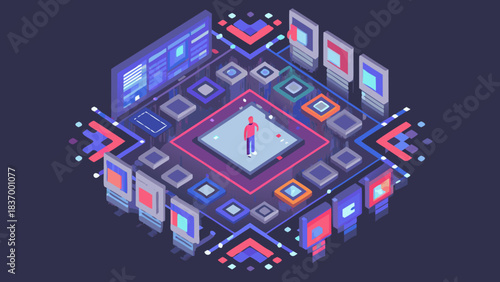 Isometric representation of a person standing on a platform surrounded by digital interfaces and connections