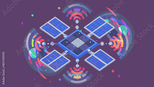 Isometric illustration of a central hub connected to solar panels with colorful wifi signals around it