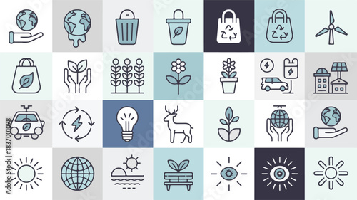 A comprehensive collection of minimalist line art icons representing global sustainability, ecological preservation, renewable energy, and environmental protection concepts