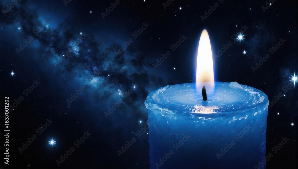 Fototapeta premium Blue Candle Flame Against a Starry Night Sky.