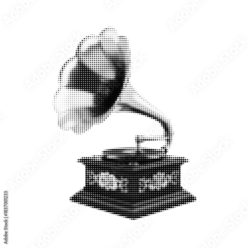 Vintage gramophone icon in halftone dot style. Retro music symbol with classic horn speaker illustration on white background.