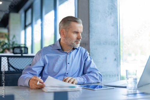 Mature businessman with beard working with documents, contracts and bills sitting at table using laptop at work in modern bright office