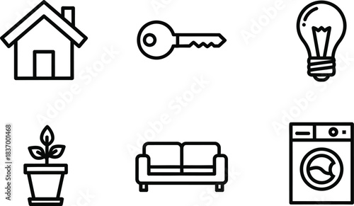 Collection of home and living icons including house, key, lightbulb, plant pot, sofa, and washing machine for web design and user interfaces