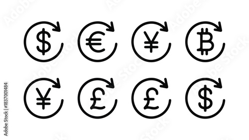 Vector set of global currency symbols with rotating arrows, representing financial exchange, money conversion, and international transactions, including traditional and digital currencies