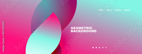 Abstract pink, turquoise gradients form fluid shapes. Text reads Geometric Background with navigation options visible. Simple dots indicate sections.
