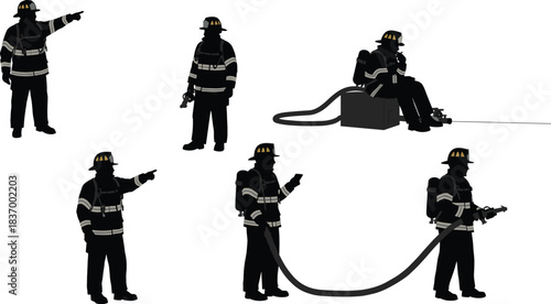 Firefighter silhouettes in protective gear, pointing, seated, using hose and radio, emergency response, communication, fire safety illustration