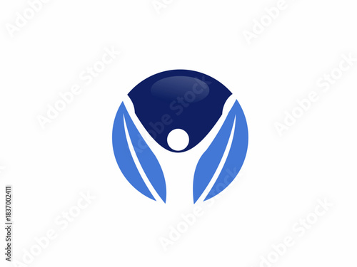 vector logo stylized figure with arms raised, centered within a blue circle, representing wellness and health.