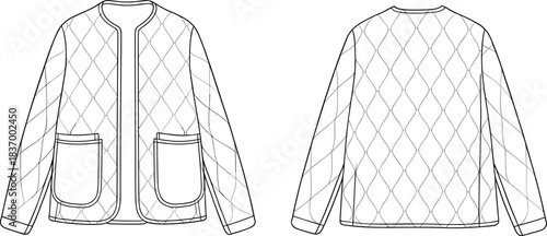 Quilted jacket vector template, front and back technical flat sketch with pockets, long sleeves, outerwear design illustration for fashion industry use
