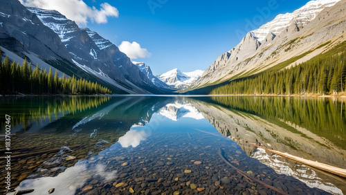 Fototapeta Naklejka Na Ścianę i Meble -  Stunning mountain lake reflection under a clear blue sky in summer