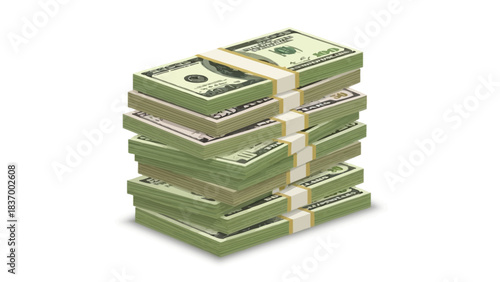 A tall stack of United States dollar bills bound by paper straps