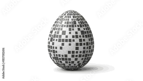 A threedimensional eggshaped object covered in a mosaic of dark and light gray squares