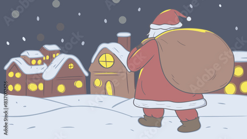 Santa claus carrying a sack walking through a snowy village with houses lit up at night in winter time