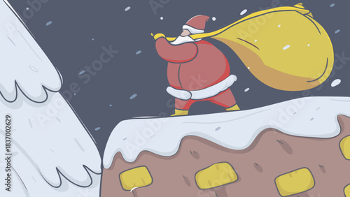Santa claus carrying a large yellow sack on a snowy rooftop near a snow covered evergreen tree