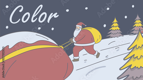 Santa claus pulling a large sack through snowy landscape with christmas trees under a night sky color