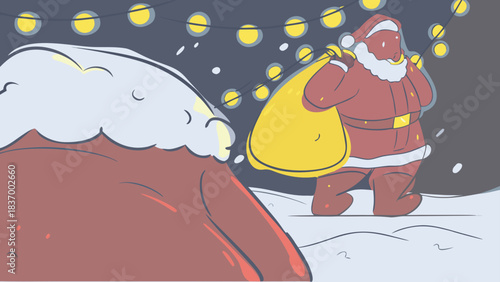 Santa claus carrying a sack of gifts through the snow with christmas lights in the background scene night time
