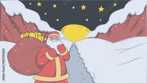 Santa claus carrying a gift bag in a snowy landscape with stars and a bright moon at night time scene