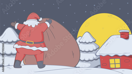 Santa claus carrying a large sack in a snowy landscape with a house and trees under a starry night sky