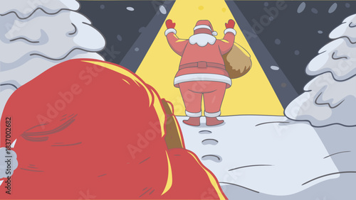 Santa claus walking away with a sack in a snowy landscape with christmas trees and footprints visible