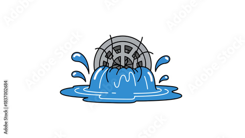 A waterfilled sewer drain overflowing with blue liquid and splashes