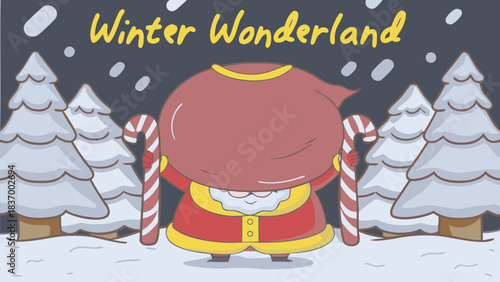 Cartoon santa claus carrying a large sack with candy canes in a winter wonderland landscape scene with snow