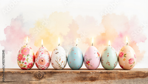 Easter egg candles with floral designs on a wooden surface, colorful and decorative