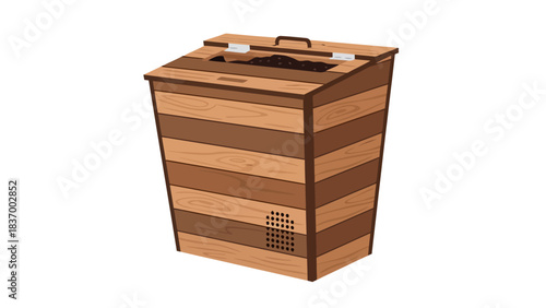 A wooden compost bin filled with dark soil