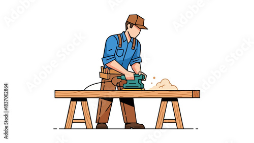 A woodworker sands a plank of wood on sawhorses