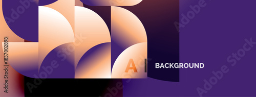 Abstract geometric shapes overlap, creating warm orange hues against deep purple background. Lettering present, simple design.