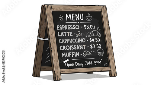 Aframe chalkboard menu for a cafe displaying drinks and pastries