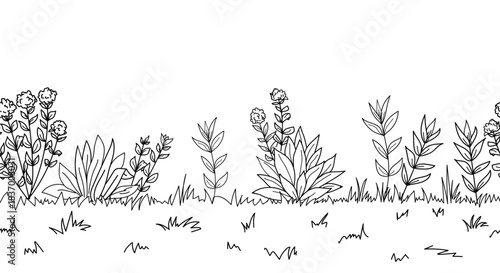 Flowers and bushes with leaves, lush greenery over a field of spring grass, sketch. Vector illustration. Panorama of nature scene with meadow, park on seamless pattern, isolated on white background.